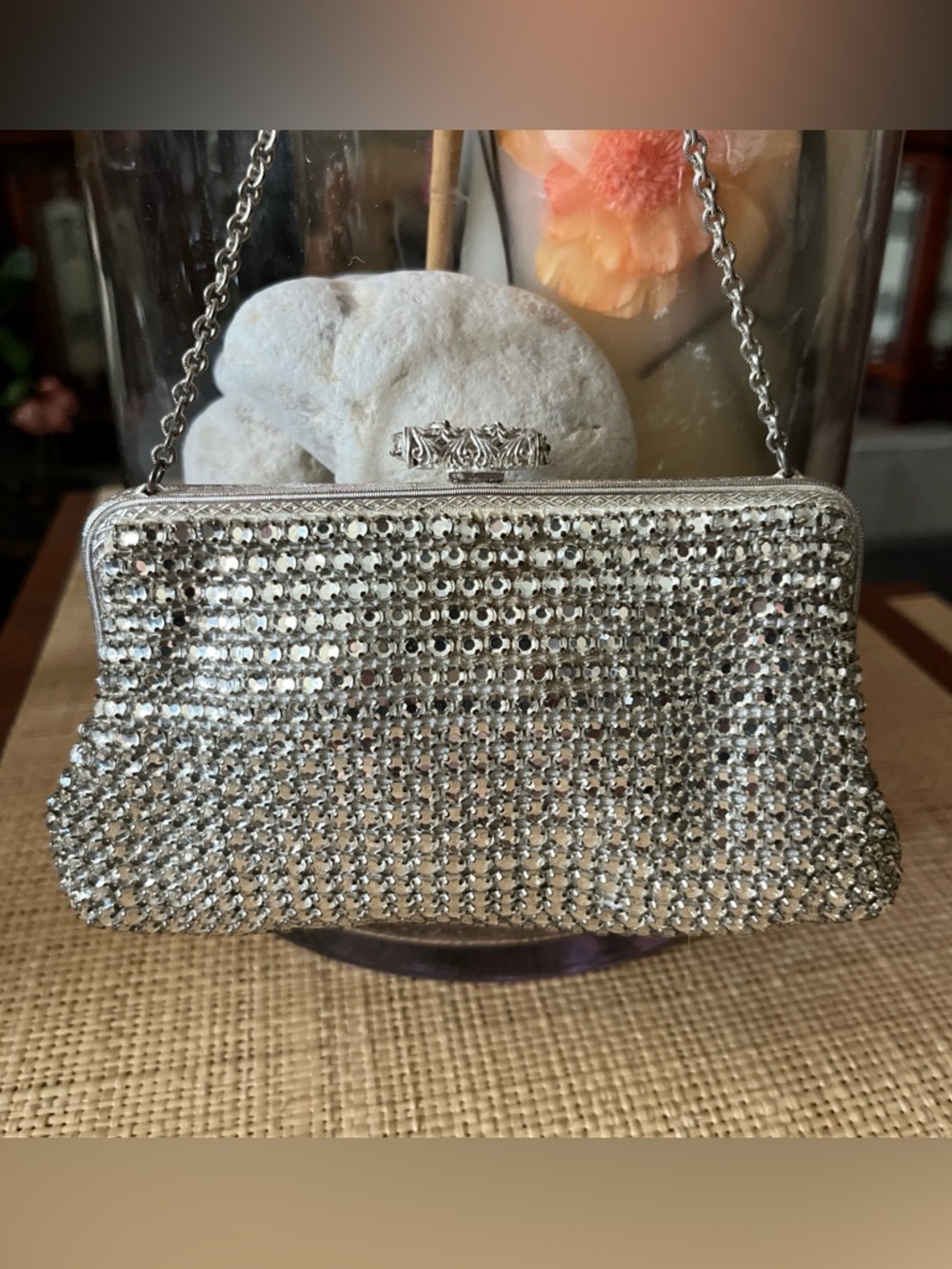 Vintage West Germany Silver Crystal Mesh Evening Clutch with Chain Strap